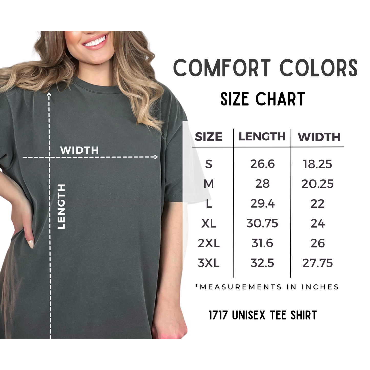 Size chart for best fit for Comfort Colors 1717