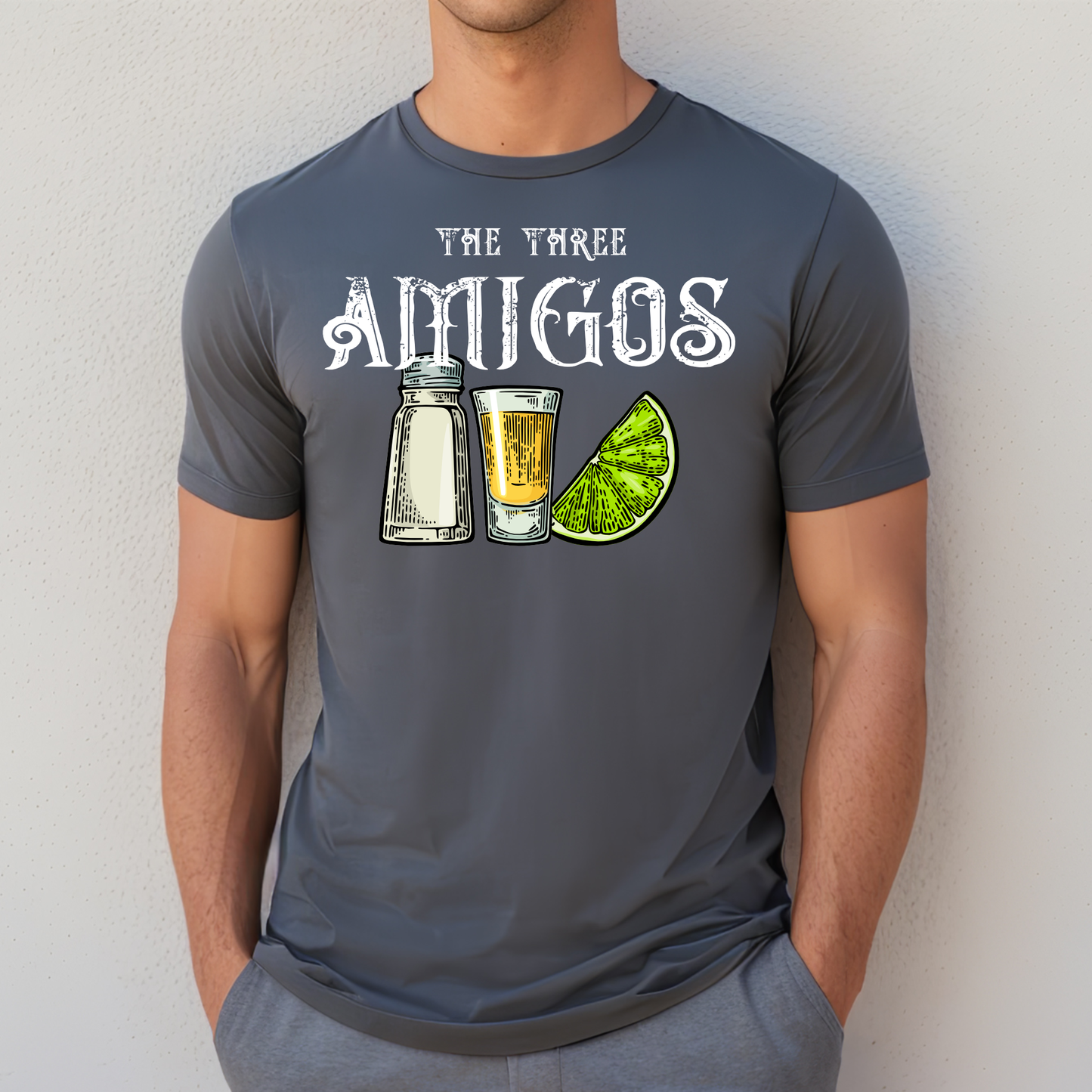 Fiesta-themed Cinco De Mayo shirt featuring Three Amigos of salt, tequila and lime graphic design