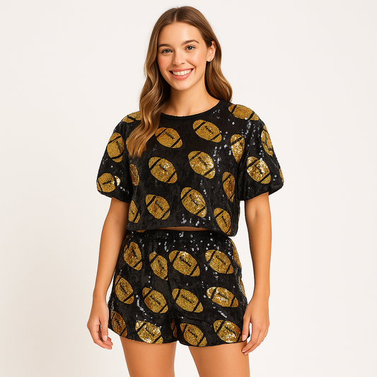 Black and gold sequin football set with puff sleeve top