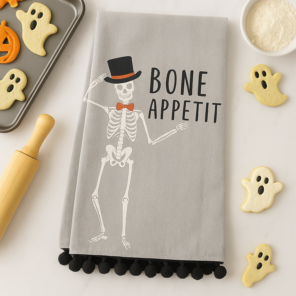 Gray towel with skeleton design and 'Bone Appetit' text, surrounded by Halloween-themed cookies and rolling pin.