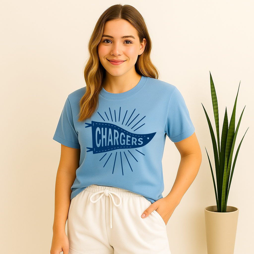 Woman wearing a blue t-shirt with 'CHARGERS' design with sunburst pennant flag.