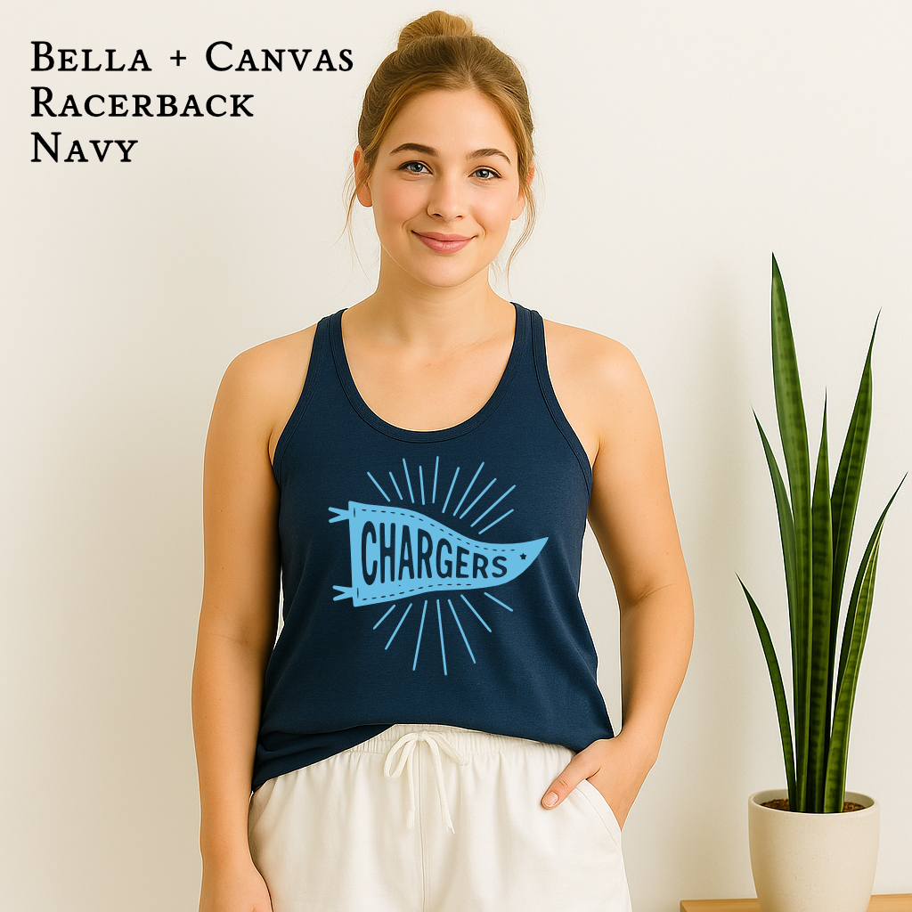 Navy Racerback Tank with carolina blue Chargers Pennant Flag