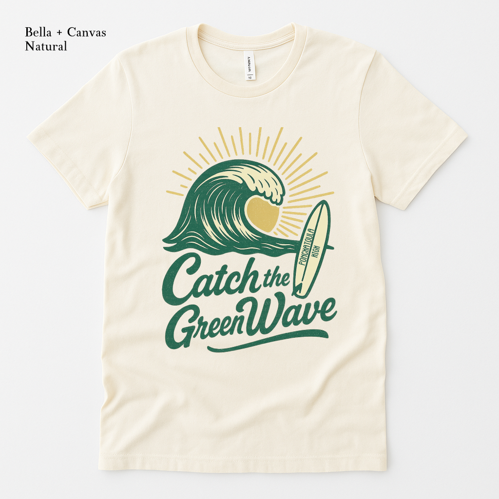 Ivory t-shirt with vintage surfboard and sunburst graphic