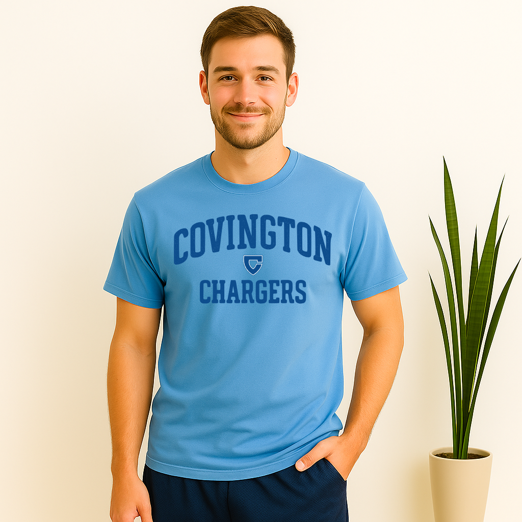 Boutique-style football league spirit shirt for Covington Chargers