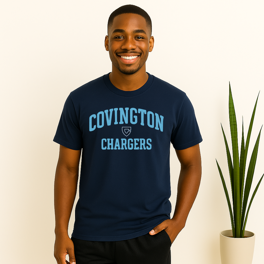 African American male model wearing Covington Chargers arch football shirt in navy