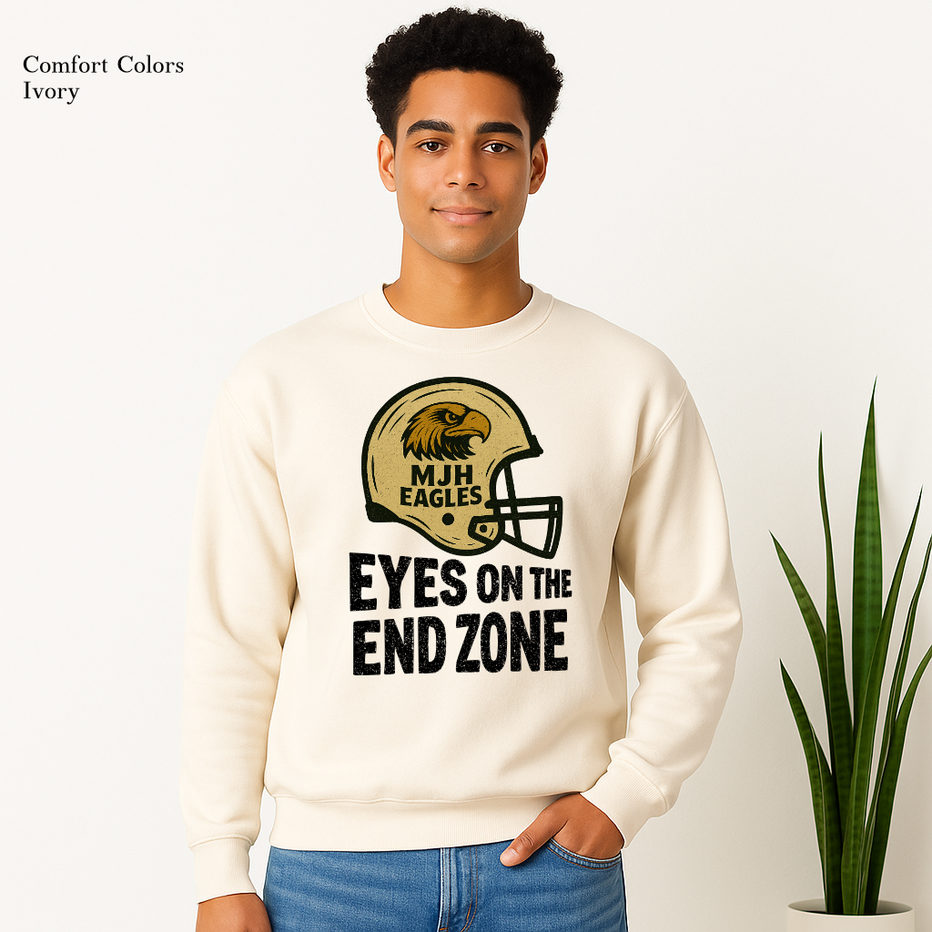 Eyes on the End Zone graphic on MJH sweatshirt