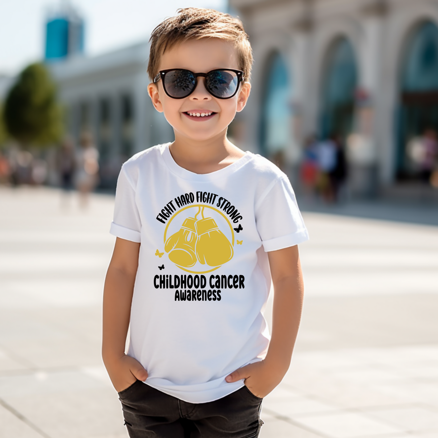Fight Hard Fight Strong | Childhood Cancer Awareness | Go Gold | Cancer Survivor | Crew Neck Toddler & Youth