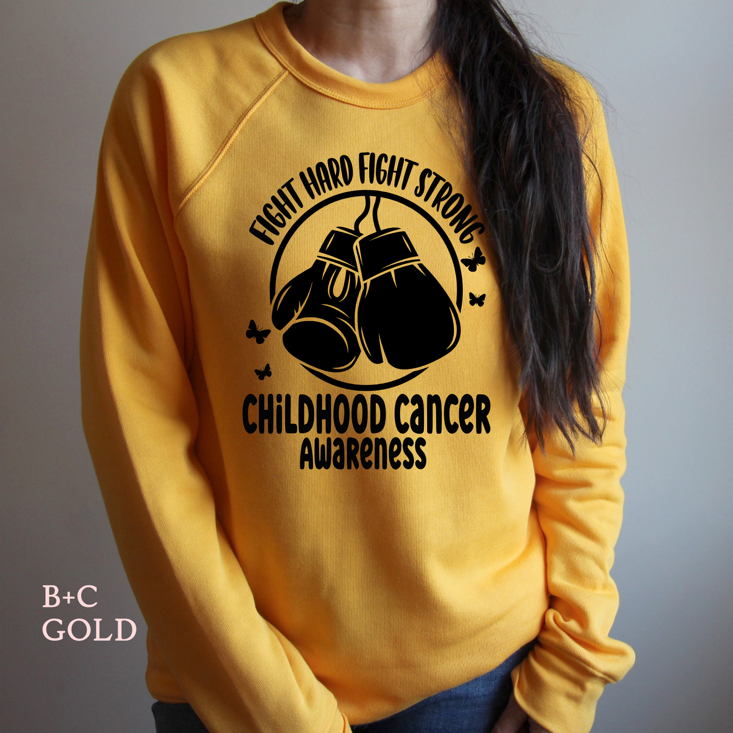 Fight Hard Fight Strong | Raglan Sweatshirt | Childhood Cancer Awareness | Go Gold | Cancer Survivor