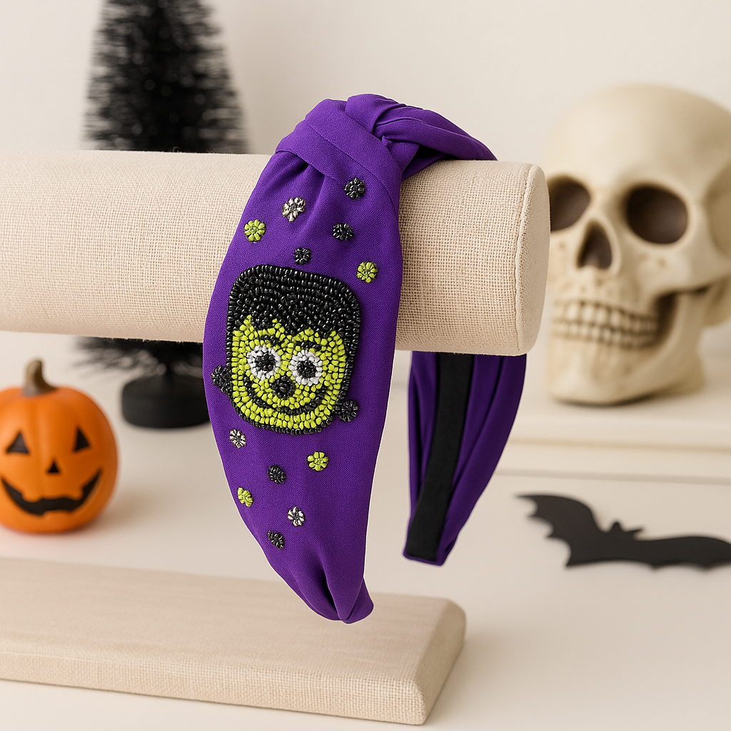 Boutique-style Halloween headband with Frankenstein bead design