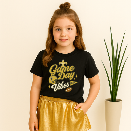 Kids Youth Game Day Vibes Black & Gold Football T-Shirt