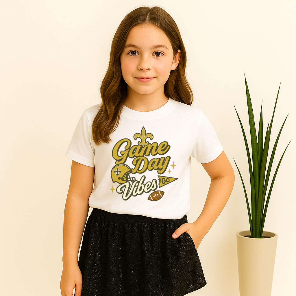 Kids Youth Game Day Vibes Black & Gold Football T-Shirt