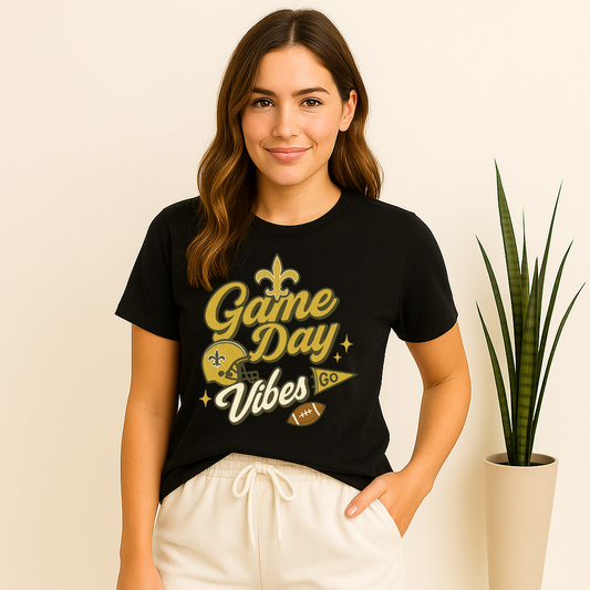 Game Day Vibes T-Shirt | Black & Gold Football Fleur de Lis