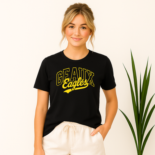 Woman wearing black Geaux Eagles school spirit shirt