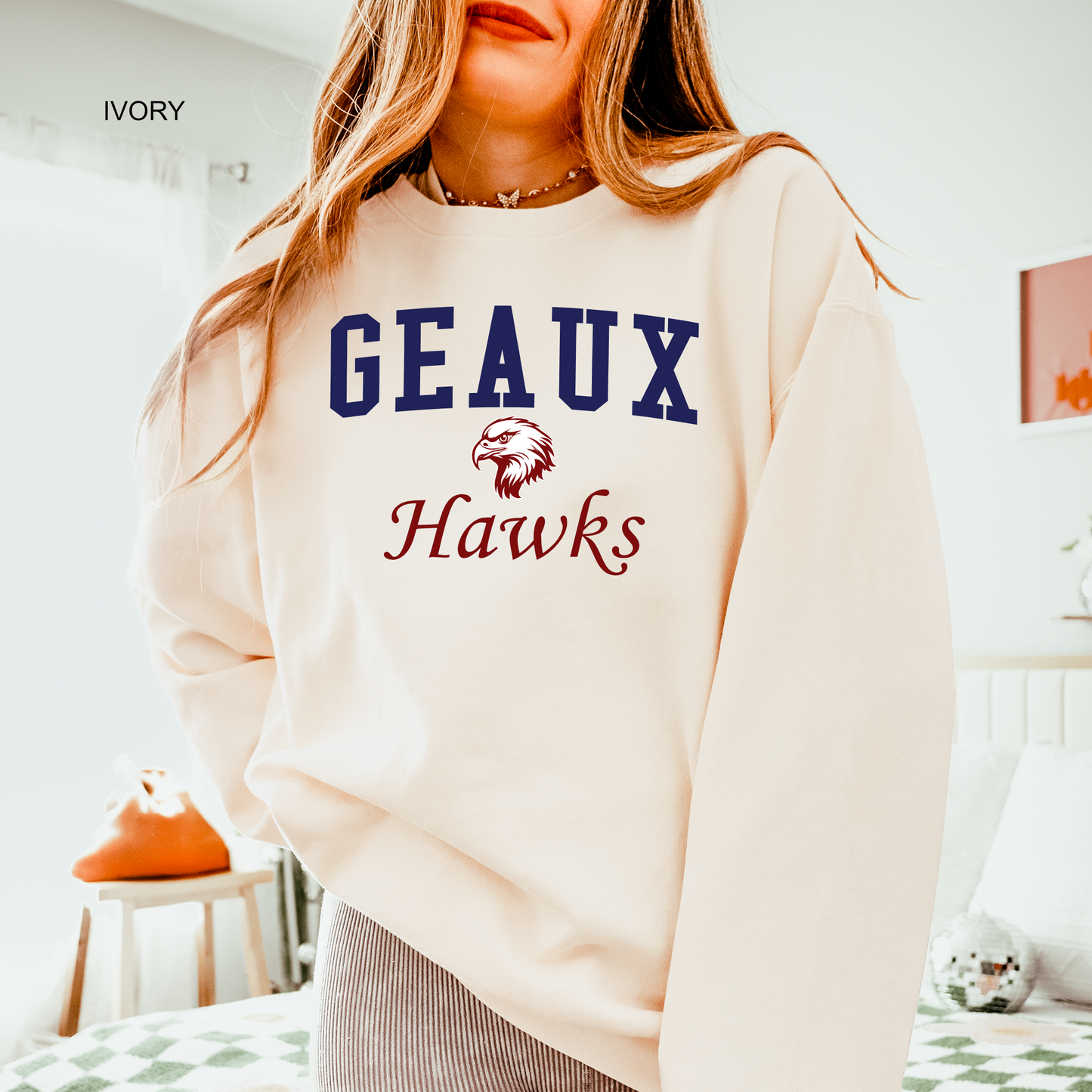 Unisex Geaux Hawks Sweatshirt in Ivory, White, and Crimson