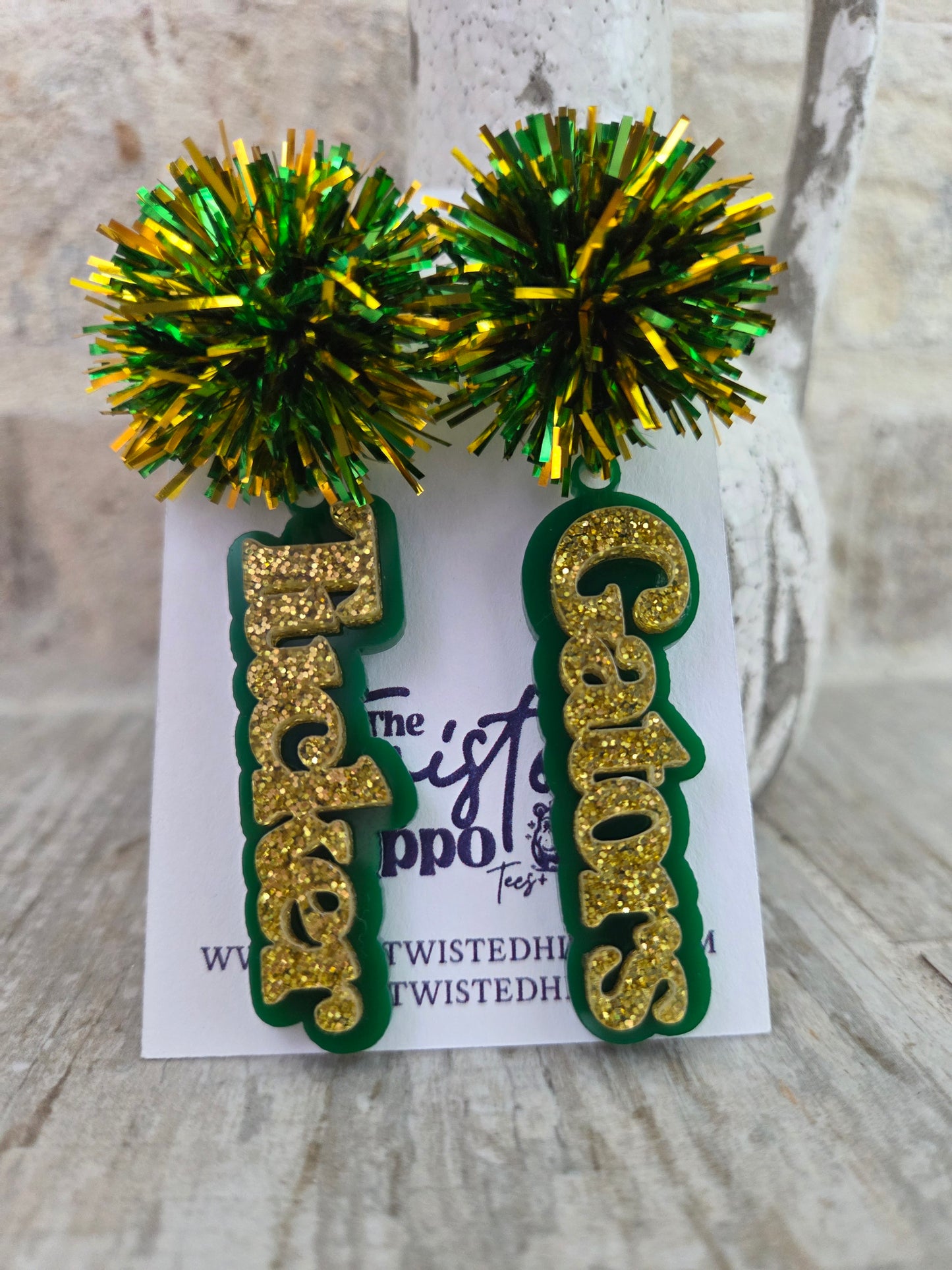 Green and gold Gators acrylic earrings