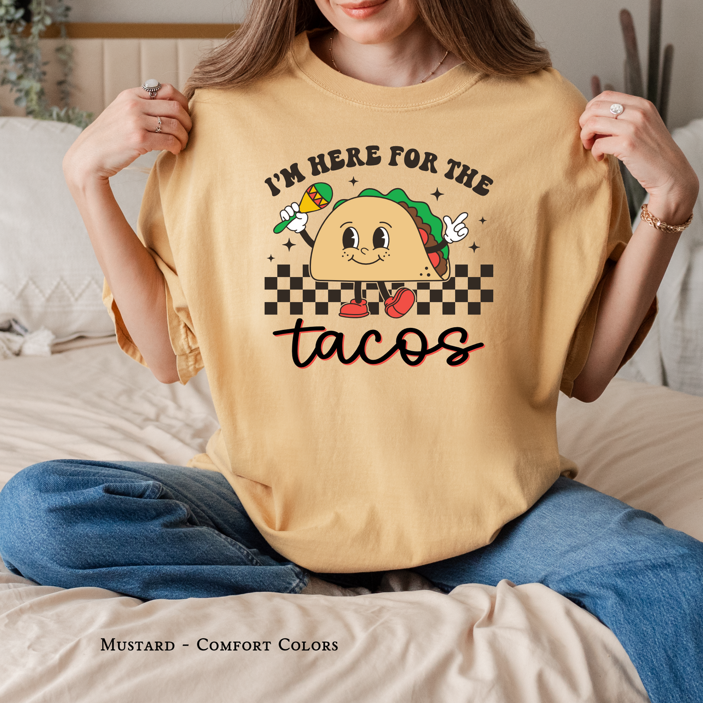 Funny Cinco de Mayo shirt in red, mint, and mustard