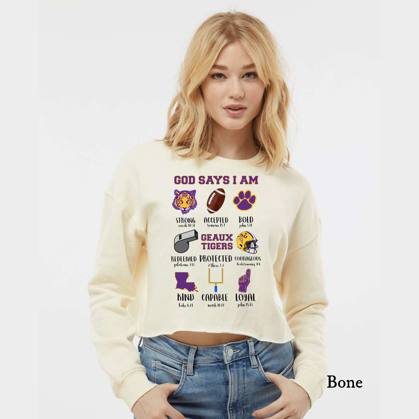 God Says I Am - LSU - Tiger - Purple & Gold - Adult Crew Pull Over (PRESALE)