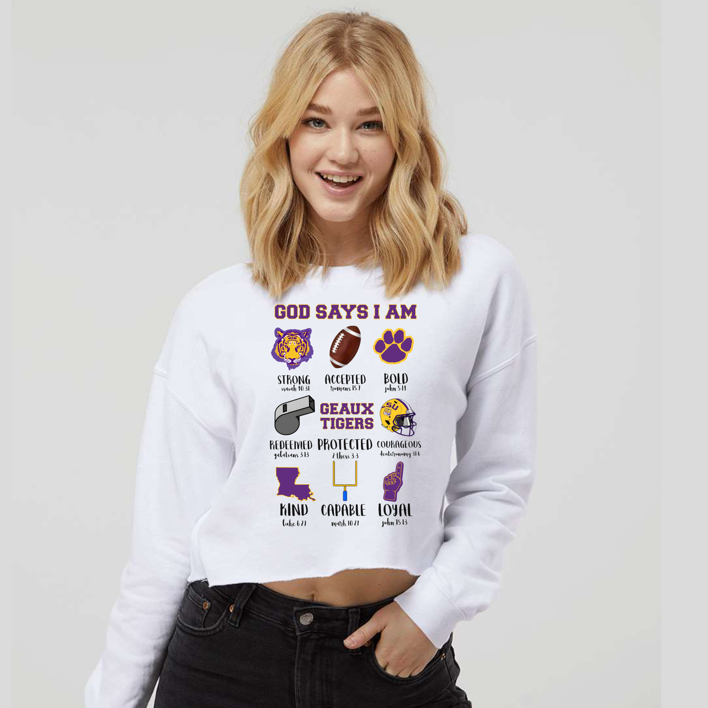 God Says I Am - LSU - Tiger - Purple & Gold - Adult Crew Pull Over (PRESALE)