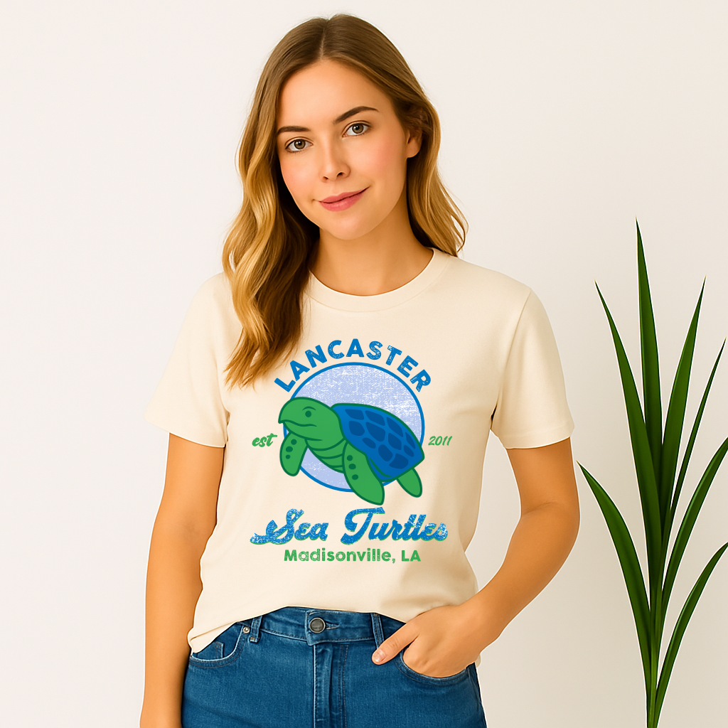 Lancaster Sea Turtles mascot shirt with est. 2011 and blue circle background