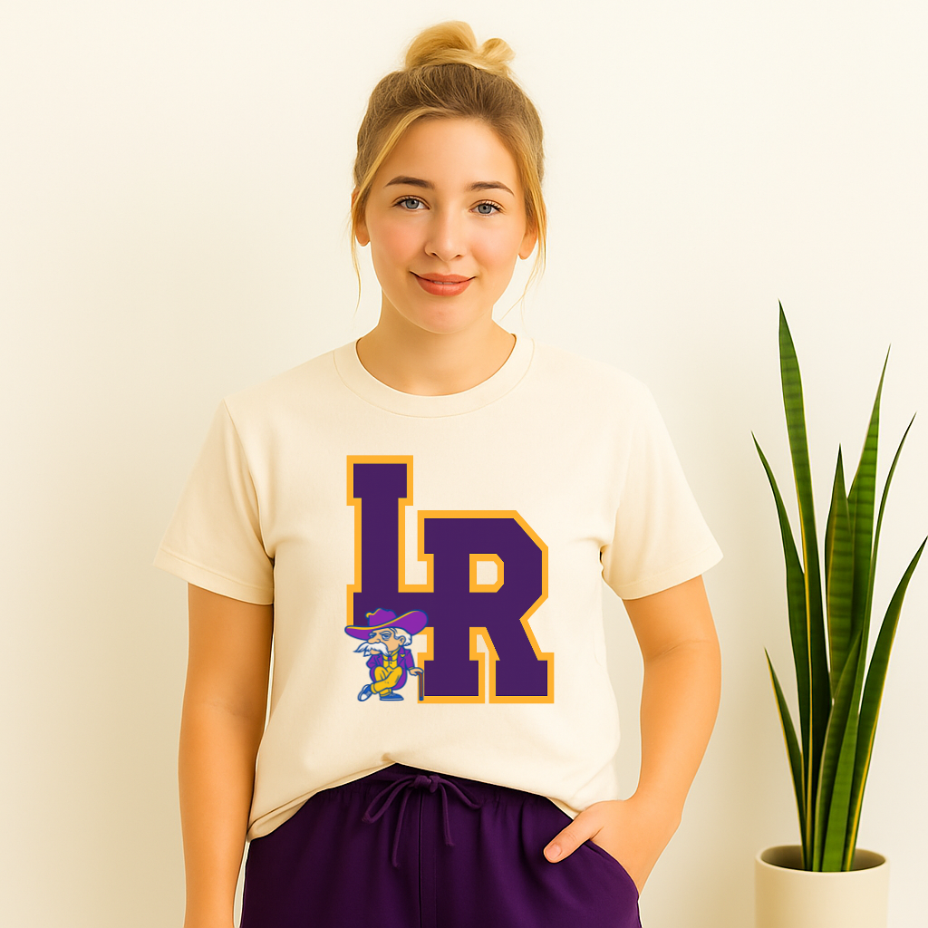 Lee Road Jr. High logo shirt with LR and Rebels mascot