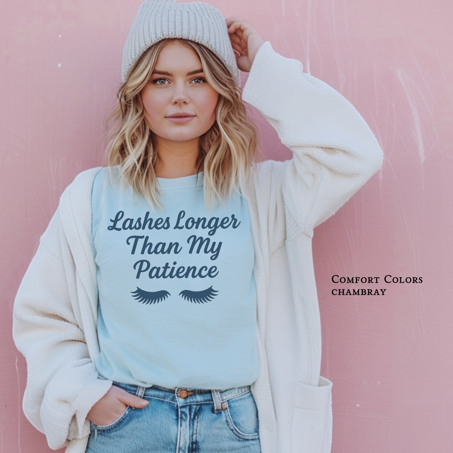 Woman wearing “Lashes Longer Than My Patience” shirt in Comfort Colors