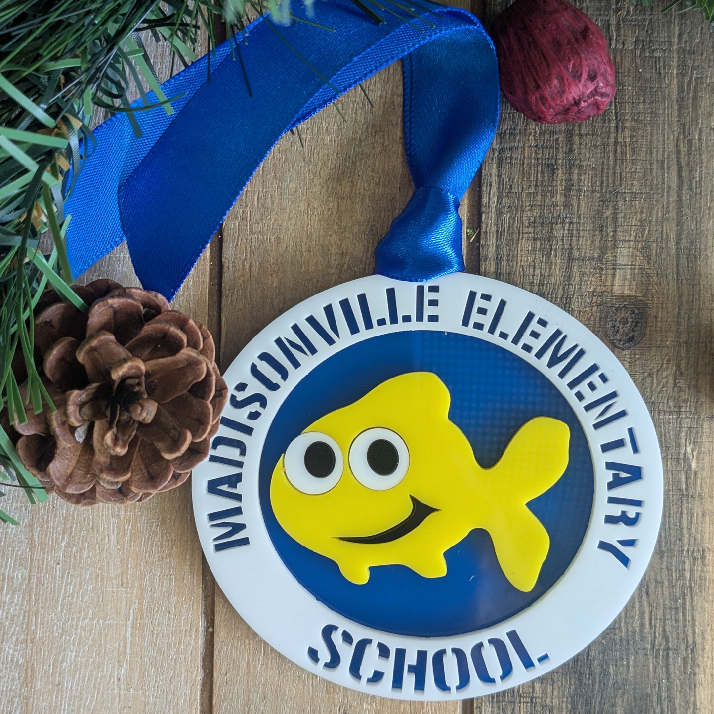 Madisonville Elementary Minnows blue and yellow school ornament by The Twisted Hippo