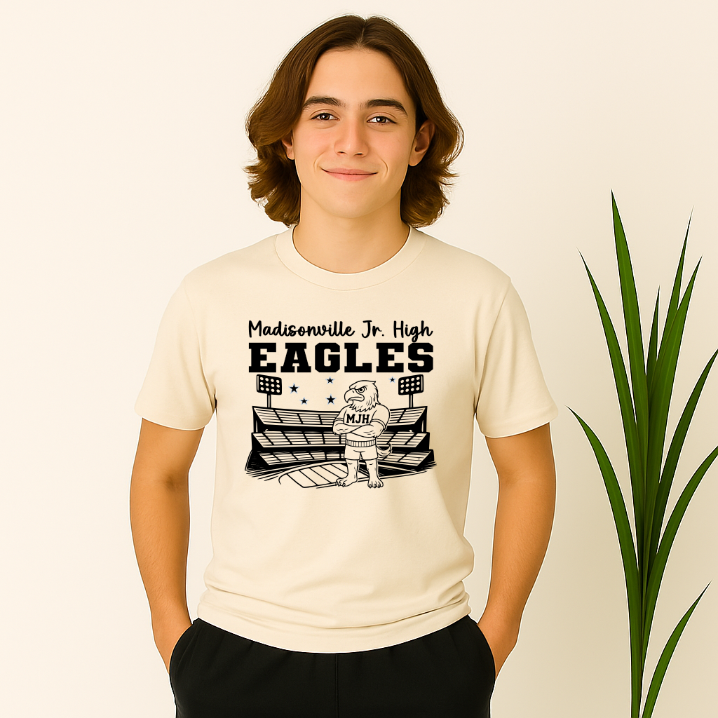 Vintage-style MJH school shirt with stadium and mascot