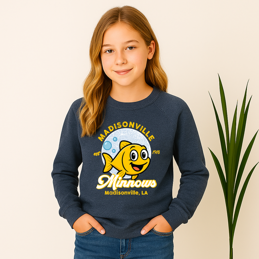 Youth wearing Madisonville Minnows sponge fleece sweatshirt