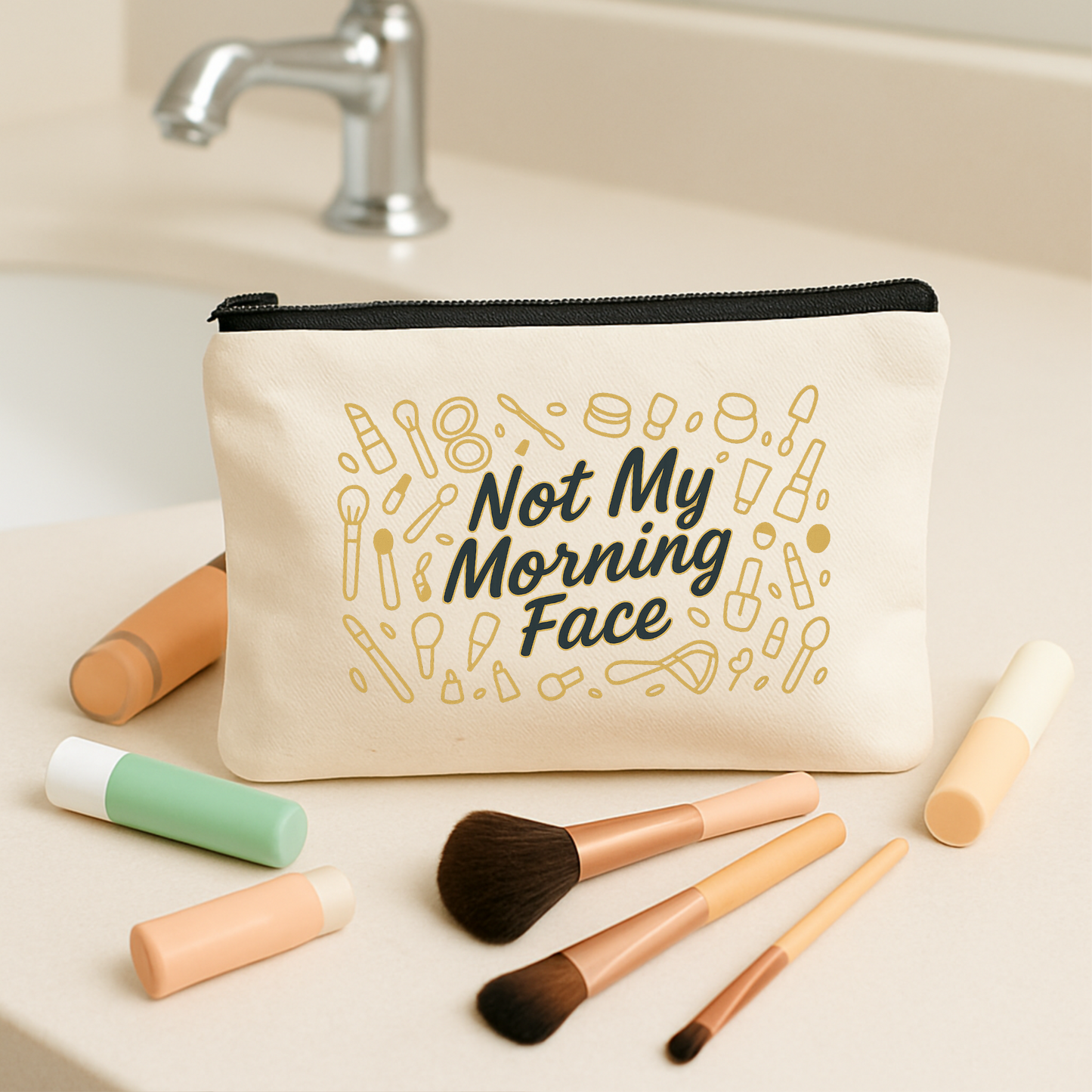 Not My Morning Face Canvas Makeup Bag – Funny Zipper Pouch - Toiletry Bag