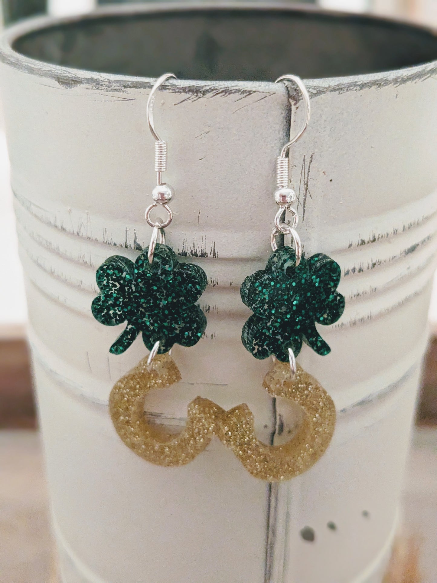 Shamrock horseshoe St. Patrick’s Day acrylic dangle earrings