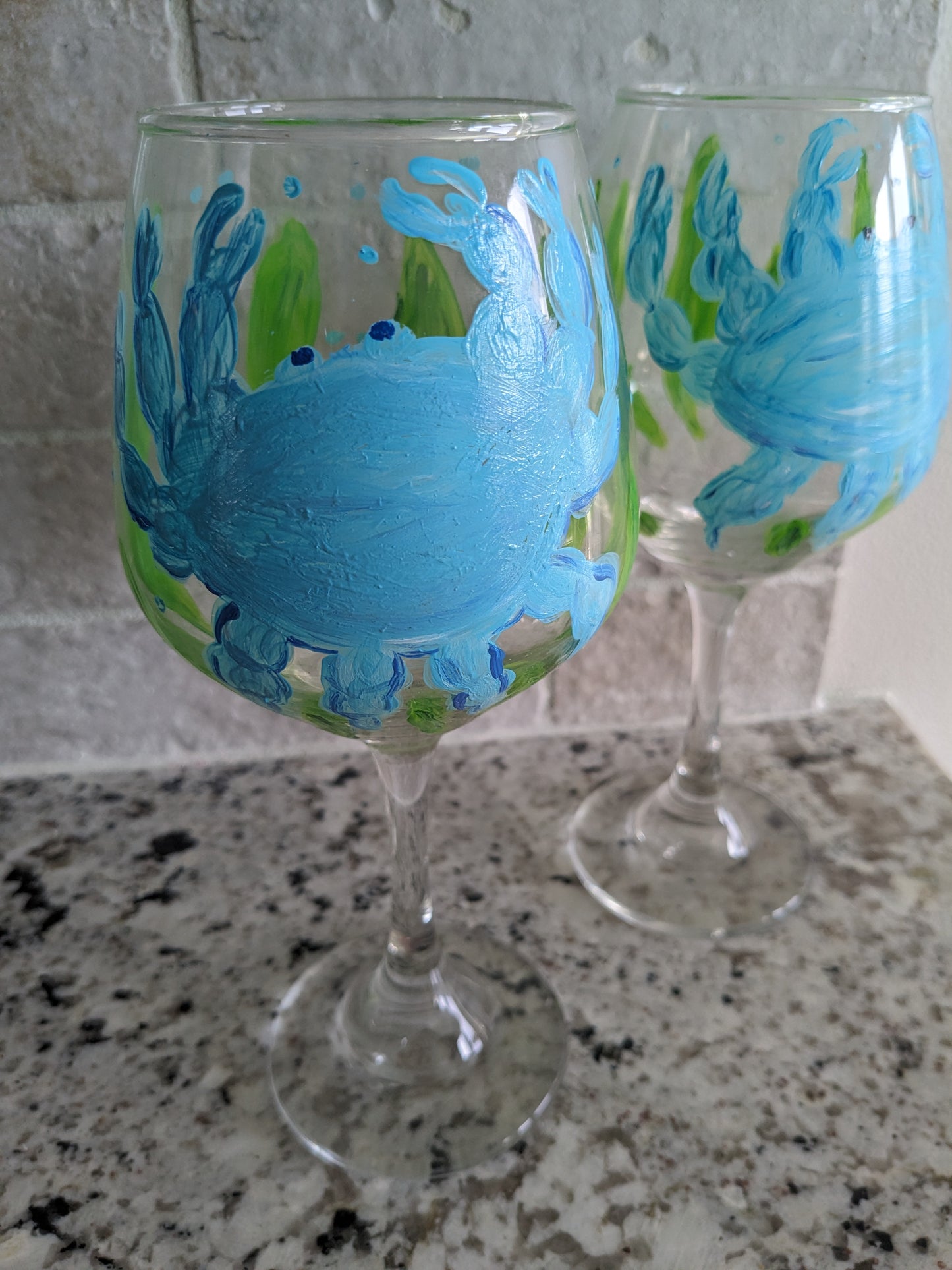 Set of Crab Hand Painted Stemmed Wine Glasses - 16 oz
