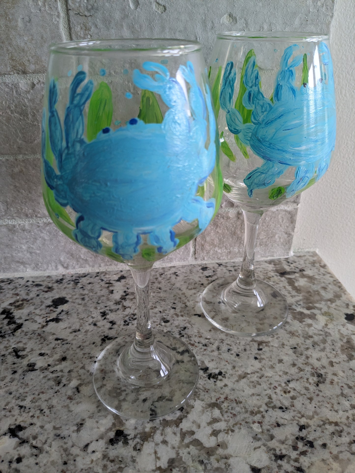 Set of Crab Hand Painted Stemmed Wine Glasses - 16 oz