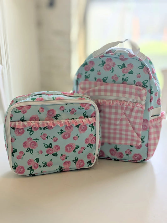Pink rose and gingham backpack and lunchbox set