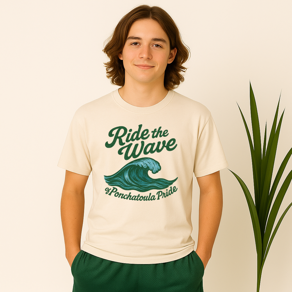 Person wearing a t-shirt with 'Ride the Wave of Ponchatoula Pride' design on a beige background