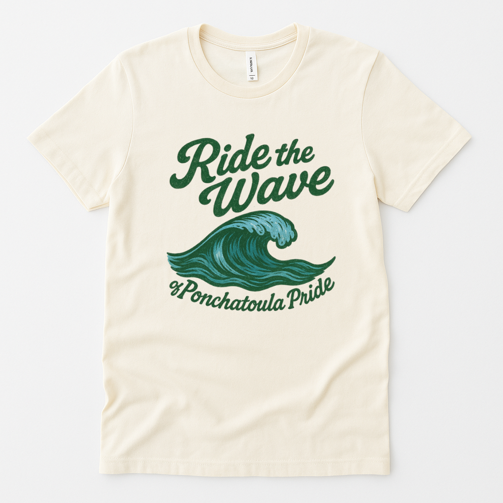 Ivory t-shirt with green wave design and text