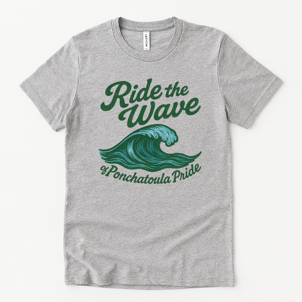 Gray t-shirt with 'Ride the Wave of Ponchatoula Pride' design on a white background