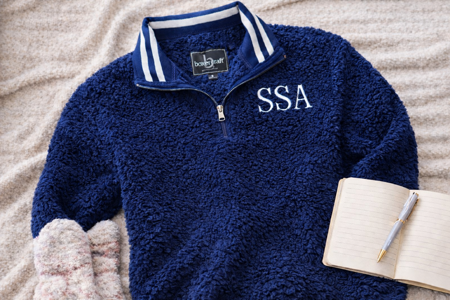 SSA Navy Sherpa Pullover with Embroidered Monogram | Cozy Half-Zip Jacket