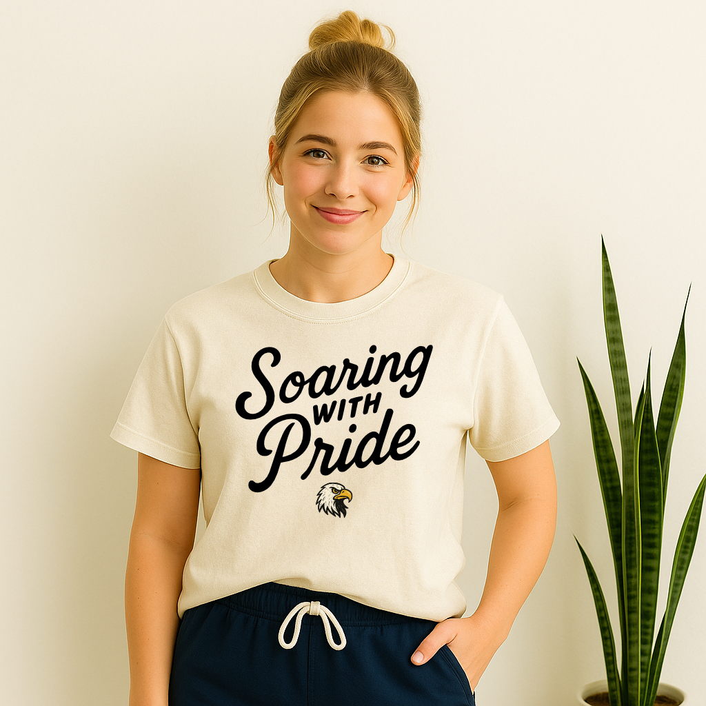 Natural color tee with eagle mascot and school pride design