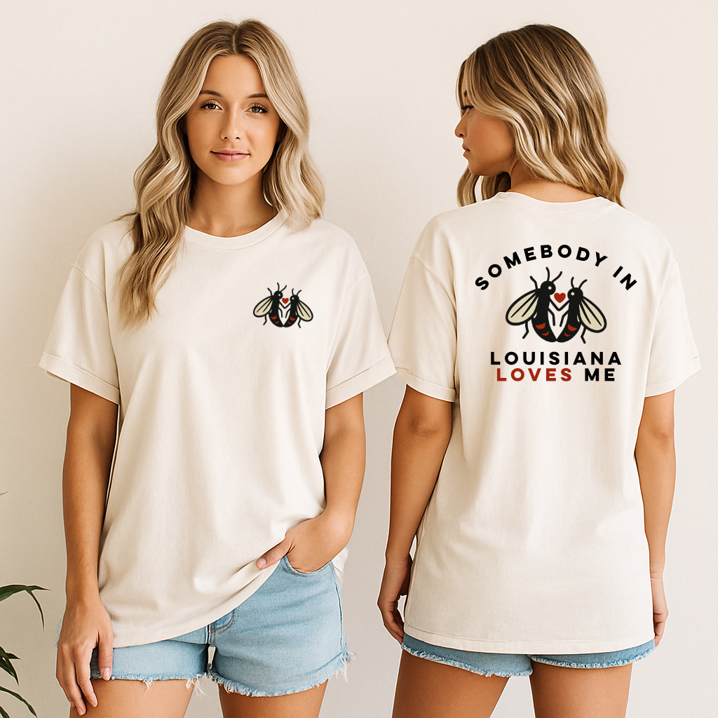 Comfort Colors Louisiana Love Bug T-Shirt with chest and back design