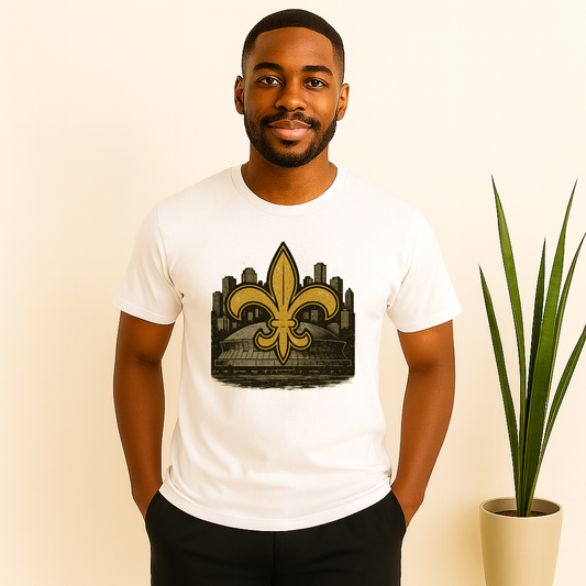 Black and gold fleur-de-lis over Superdome and skyline illustration