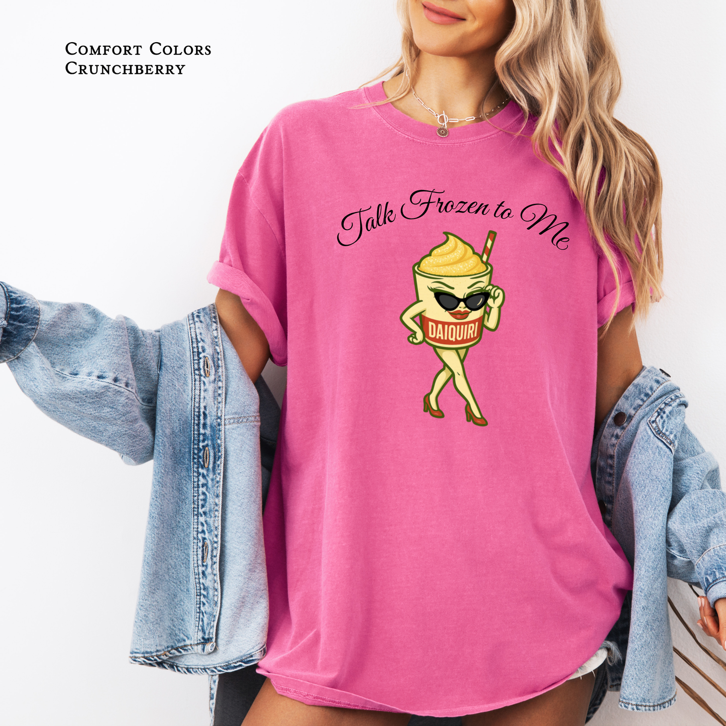 “Comfort Colors cranberry tee with flirty frozen drink illustration”