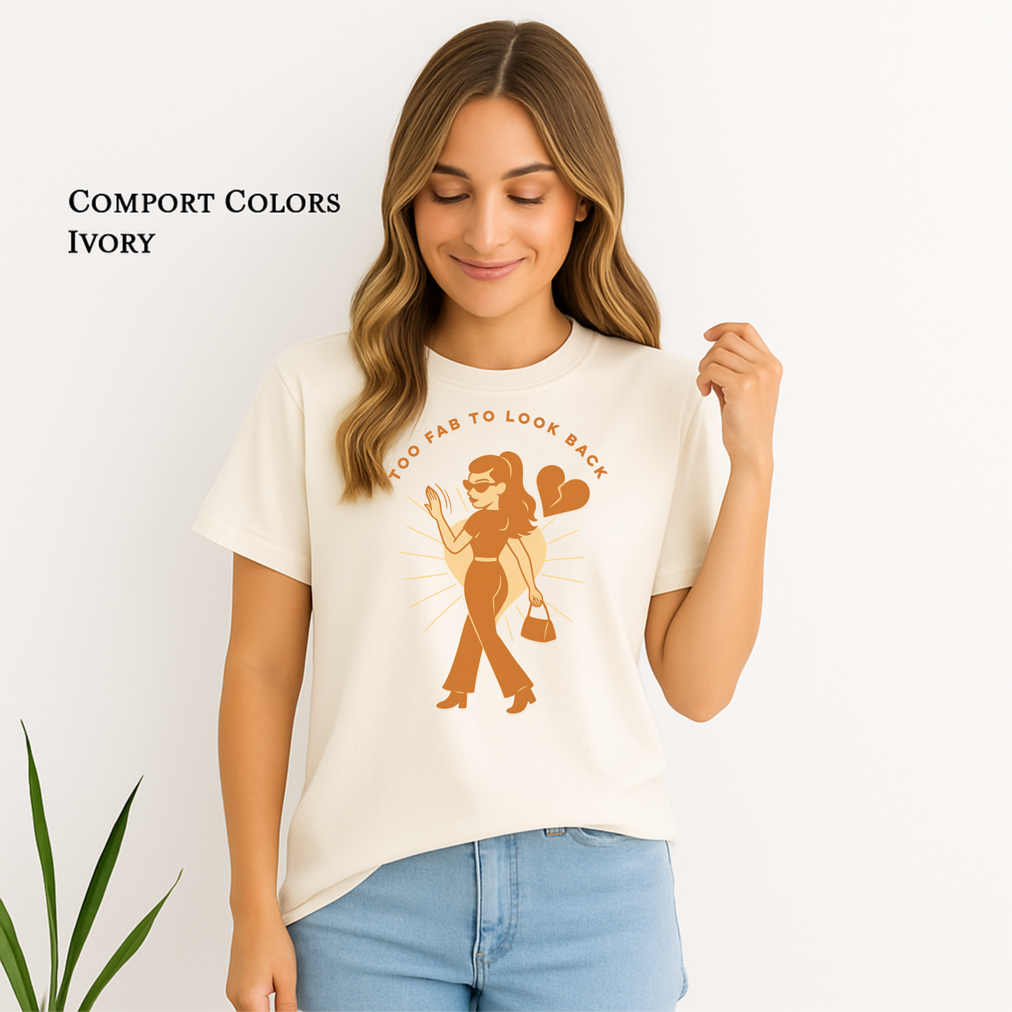 Close-up of bold "Too Fab to Look Back" graphic on Comfort Colors tee