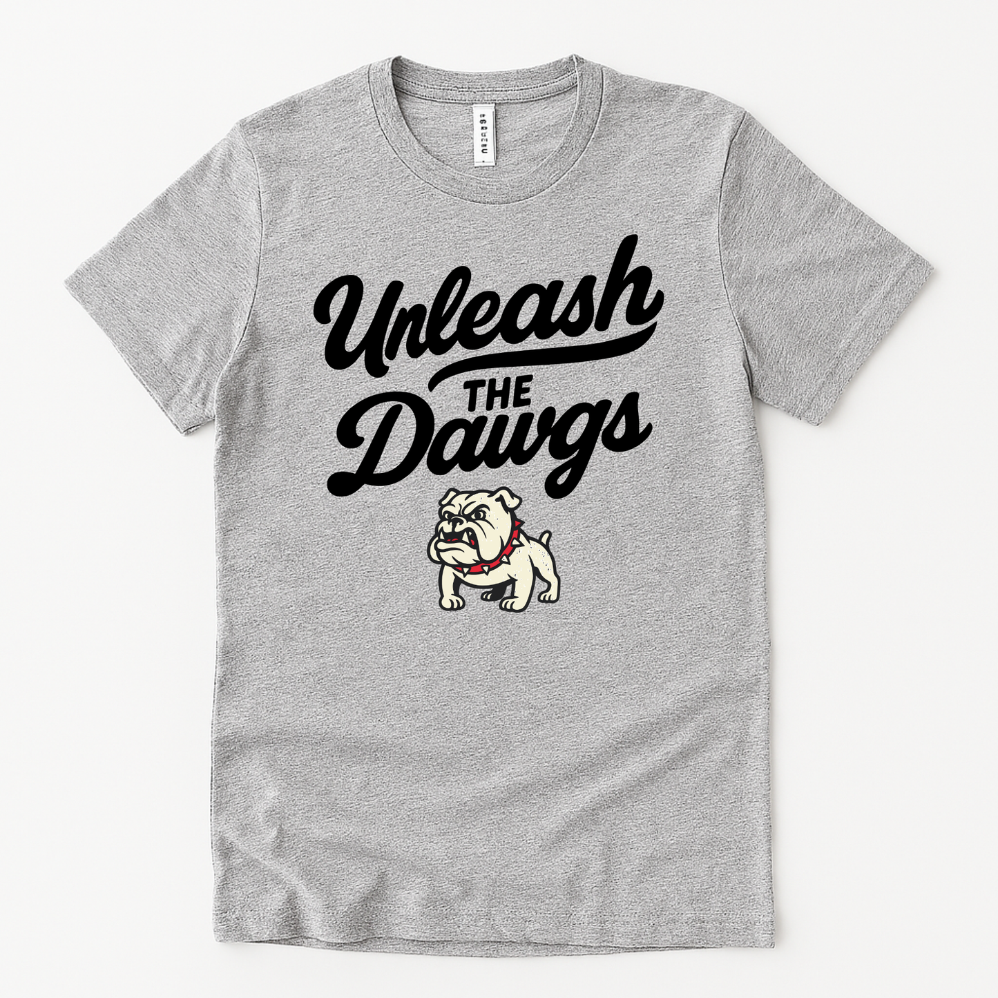 Bold Bulldogs mascot tee with unleash the dawgs slogan