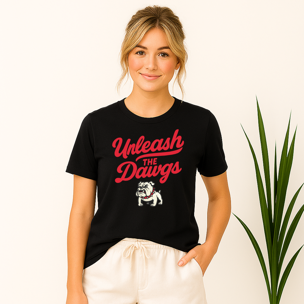 Close-up of unleash the dawgs design on cotton t-shirt