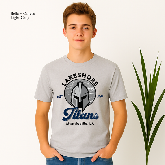 Unisex t-shirt with Lakeshore Titans helmet mascot and Est. 2009 text
