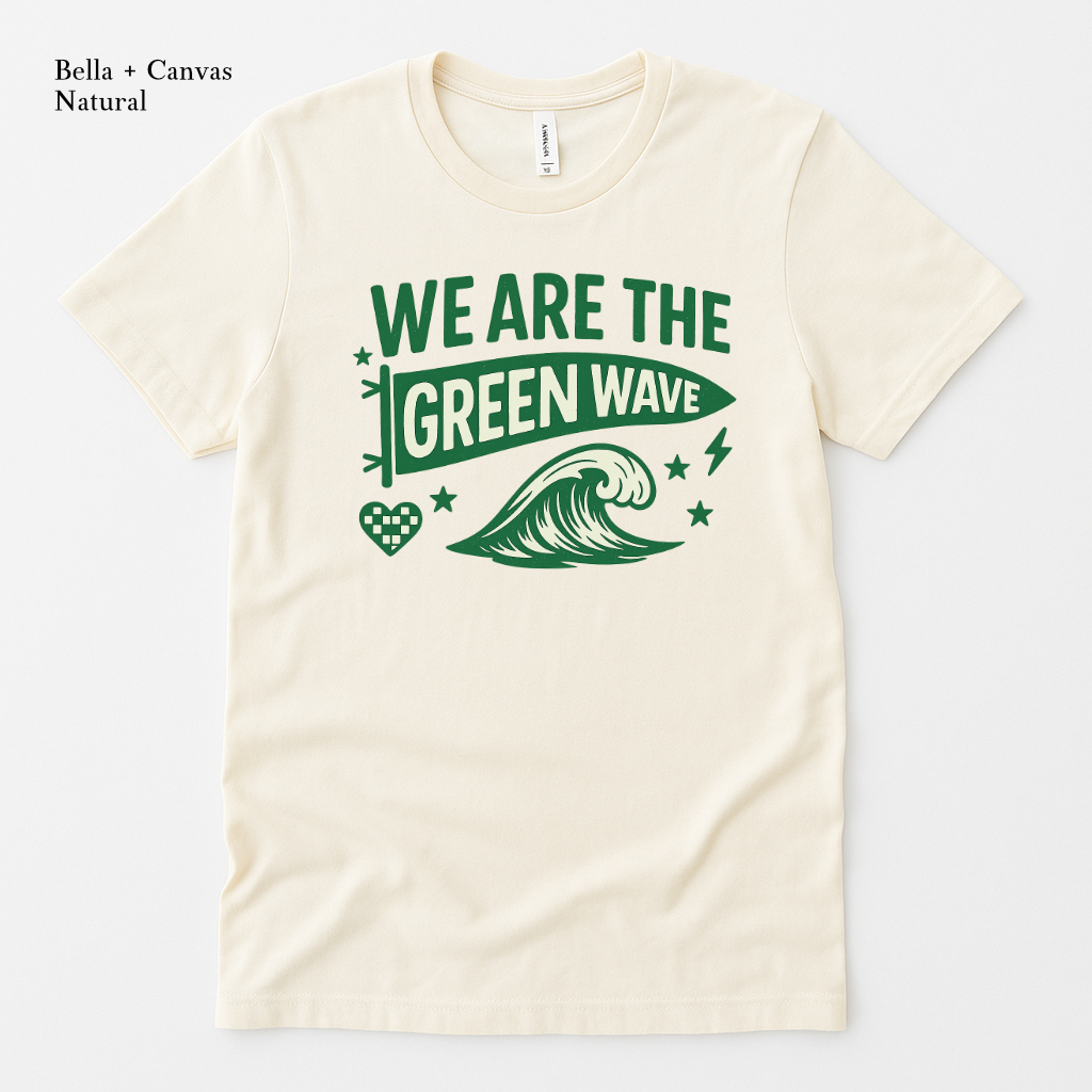 flatlay shirt with natural colored shirt with the We Are The Green Wave design.
