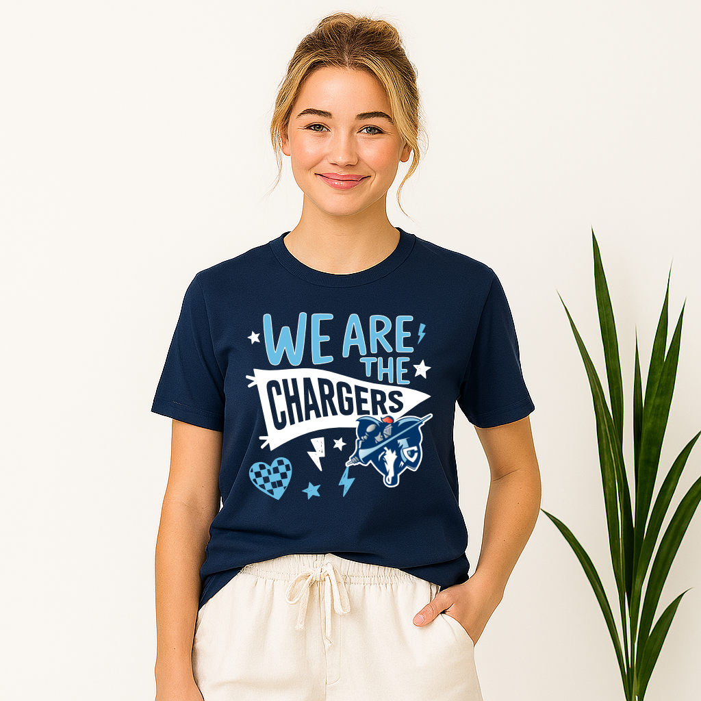 Female model wearing We Are the Chargers football shirt
