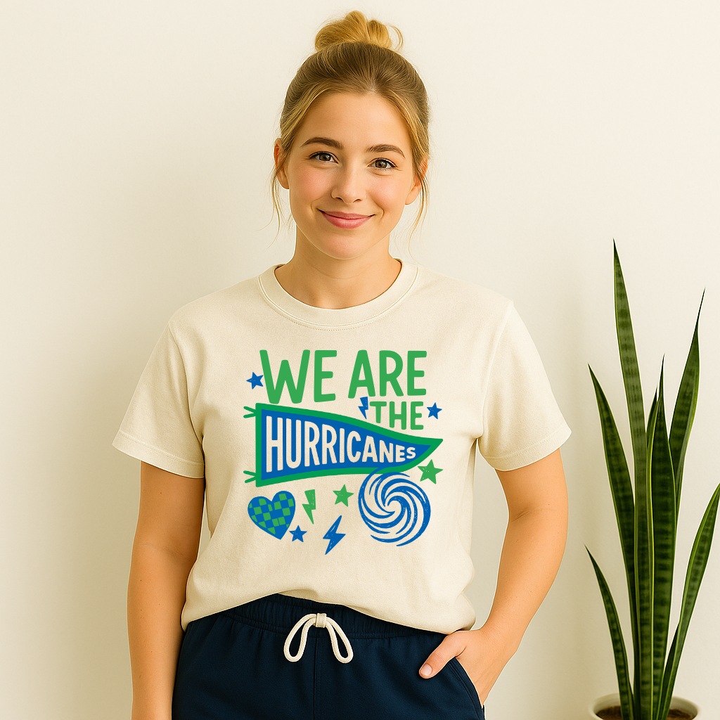 Girl wearing We Are the Hurricanes spirit shirt