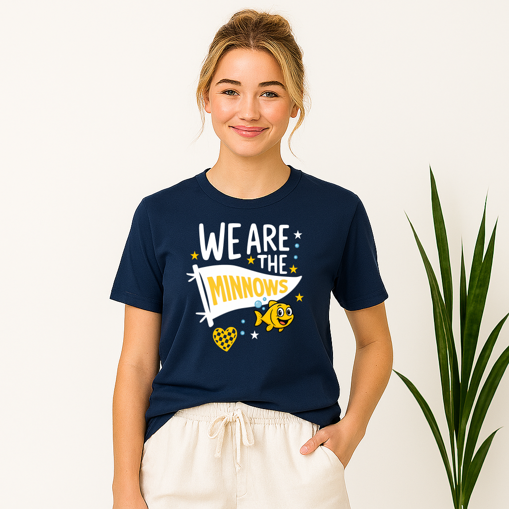 Cute school spirit shirt with fish mascot and pennant design
