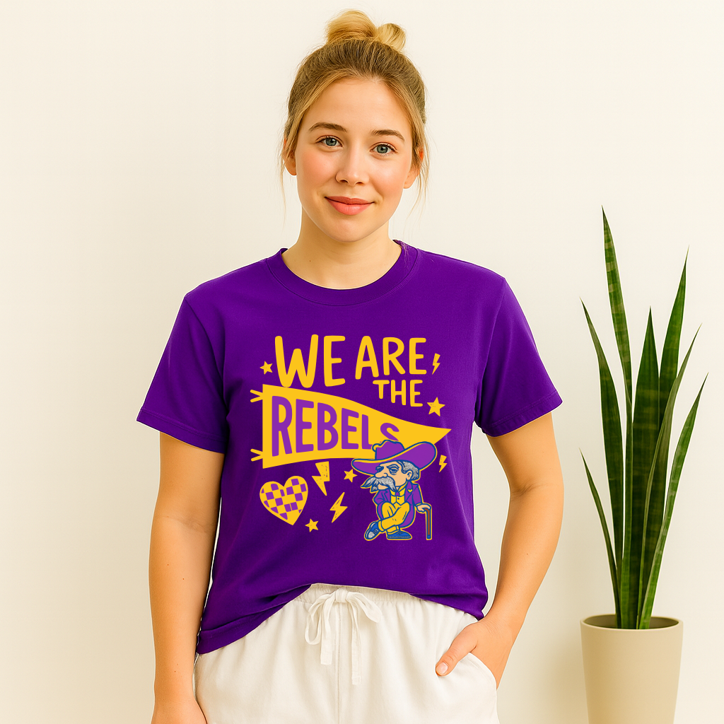Bold yellow and purple Rebels mascot shirt